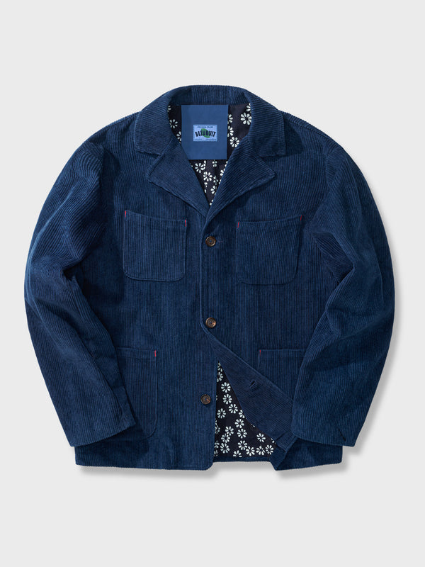 19世紀フランスの作業着に着想を得た藍染めワークジャケット、3つのボタンと4つのポケット付き